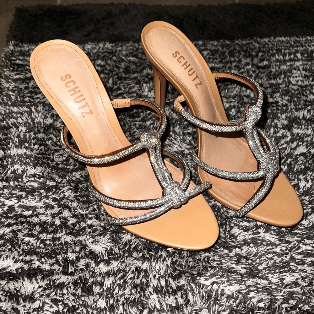 Schutz Naia Women's Tan and Silver Heeled Sandals